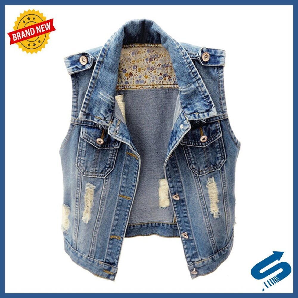 Cropped Denim Vest Distressed Sleeveless Button Up Kids Jacket